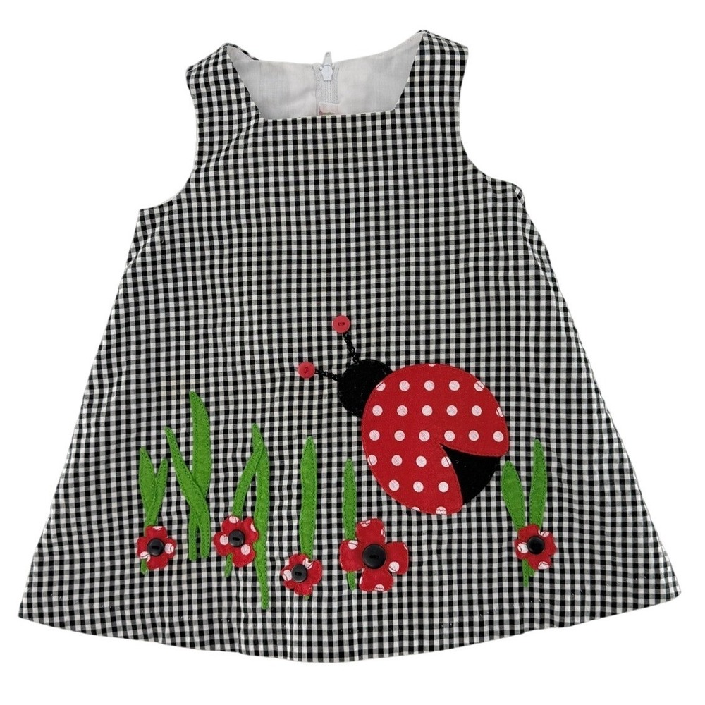 Girls Black Gingham Ladybug Appliqué Dress - Cute Casual
